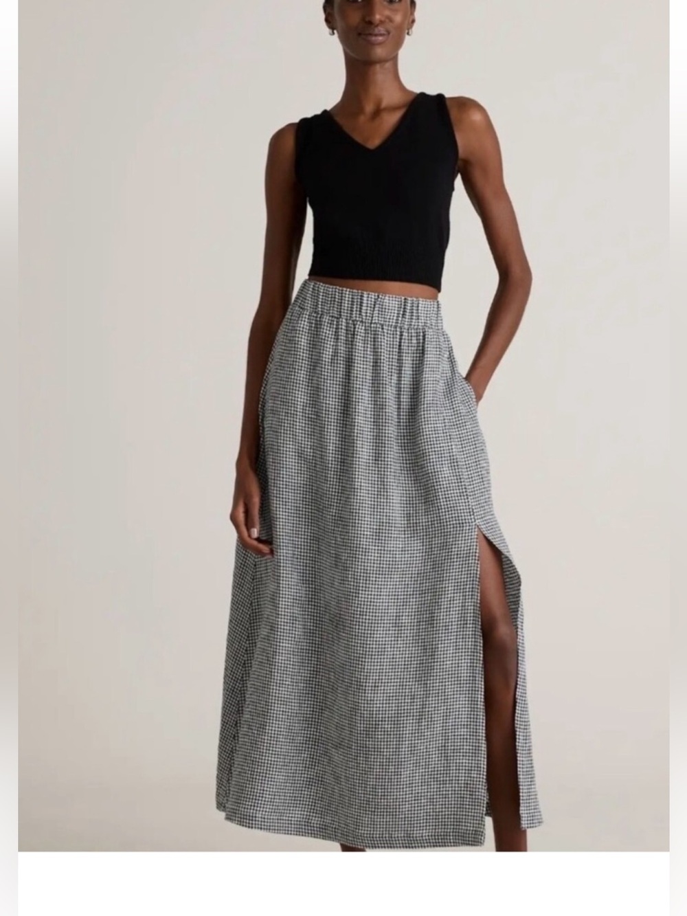 Quince Black & White Gingham Maxi Skirt with Side Slit New